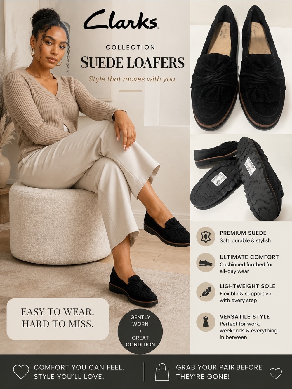 Clarks Black Suede Knot Loafers - Women's Slip-On Flats